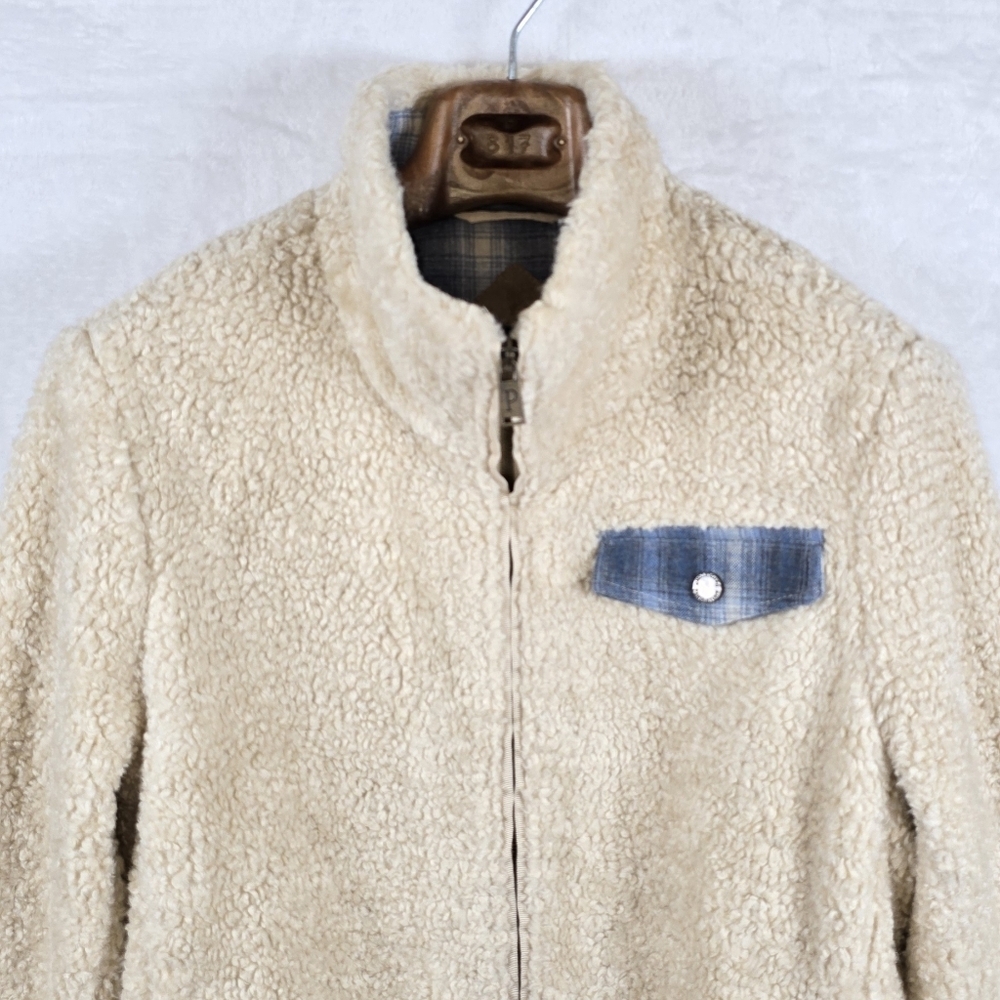Pendleton Sherpa Jacket Deep Pile Fleece Full Zip Pocket Plaid Detail Women M - Picture 2 of 12